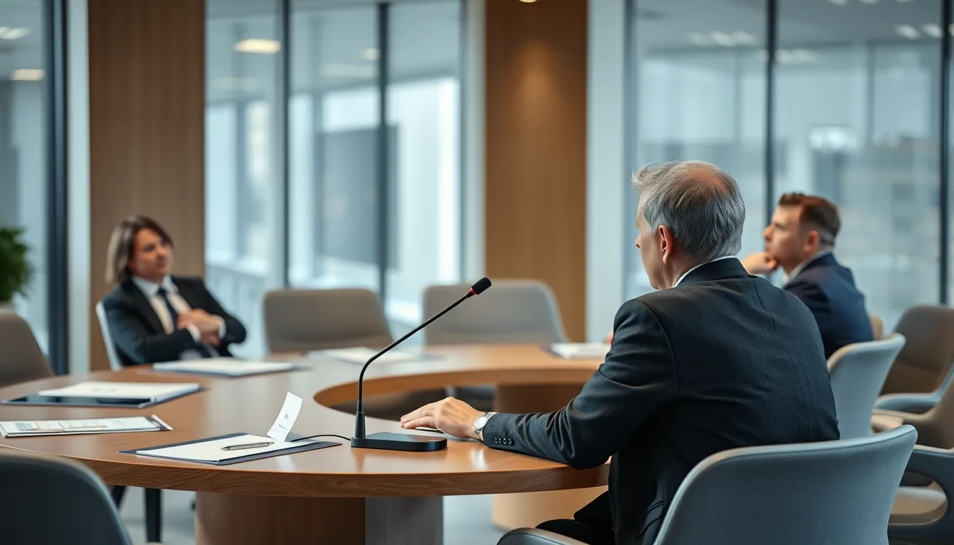 Attentive figure in a meeting room listening to colleagues around a table.