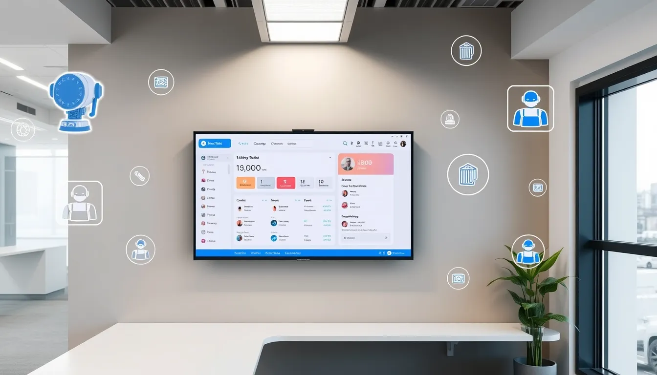 Office screen showing chatbot and ticketing dashboard with AI icons floating around.