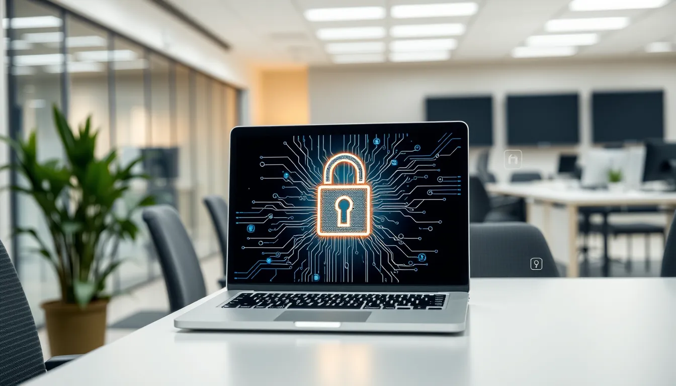 Laptop on desk showing a padlock icon and data streams, symbolizing cyber data protection.